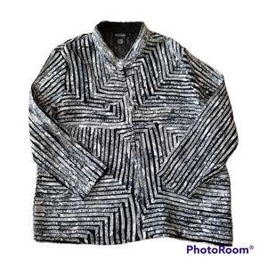 VTG Multiples Black White Band Collar LS Zip Front Blazer Women's Lrg.